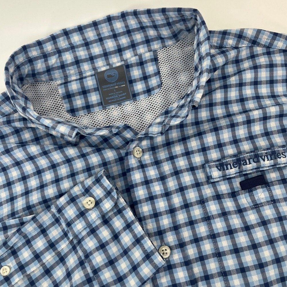 Vineyard Vines Harbor Shirt Mens Large Blue Gingham Plaid Performance Fishing